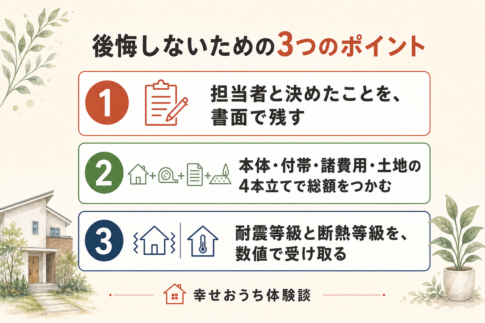 アイダ設計で後悔しないための3つのポイントを順に示した図。検証から導いた、後悔を減らす3つの手順を挙げている。
