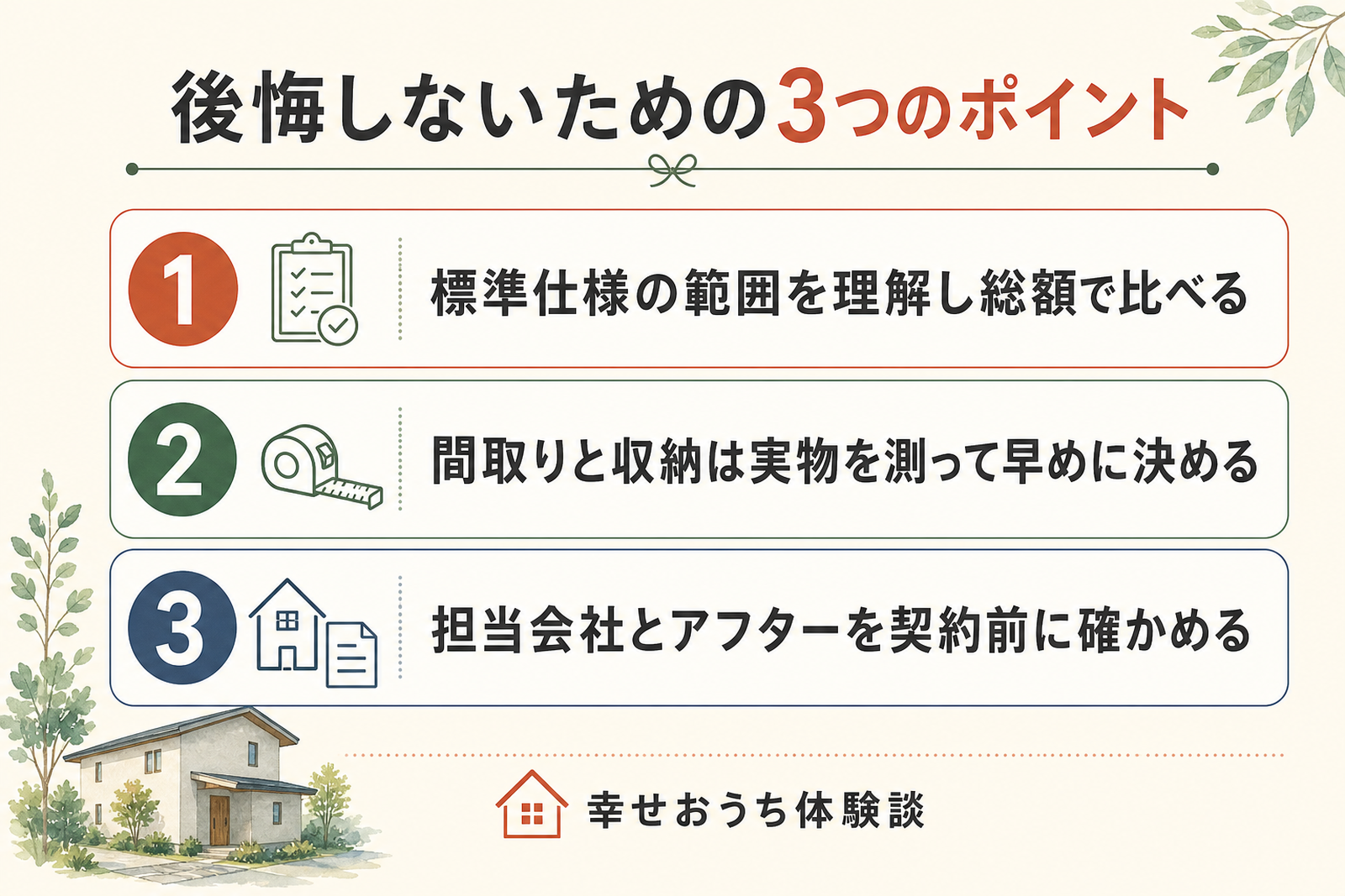 大和ハウスで後悔しないための3つのポイントを順に示した図。標準仕様の範囲を理解し総額で比べる、間取りと収納は実物を測って早めに決める、担当会社とアフターを契約前に確かめる、という3つの行動を挙げている。