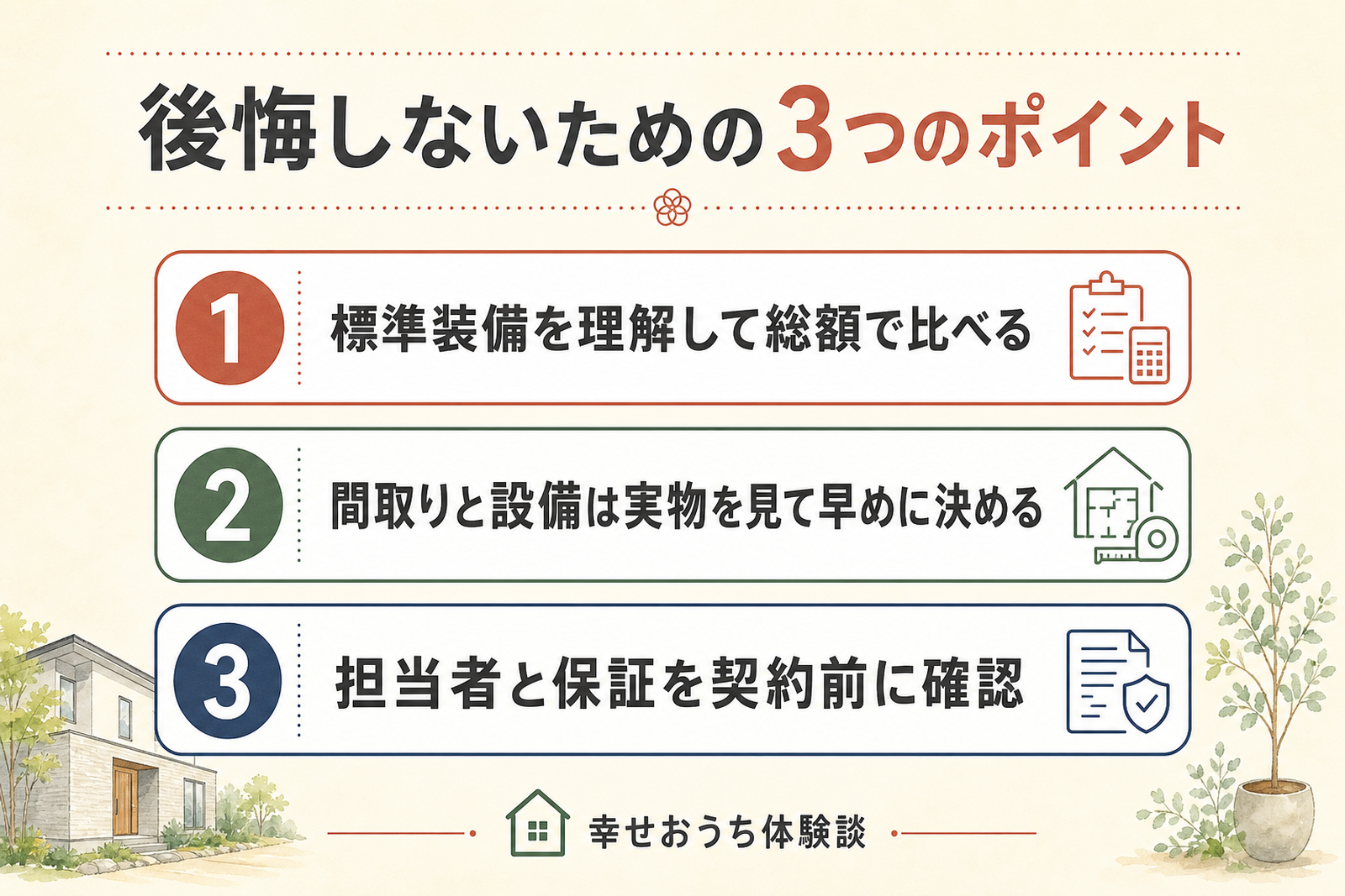 ヘーベルハウスで後悔しないための3つのポイントを順に示した図。標準装備を理解して総額で比べる、間取りと設備は実物を見て早めに決める、担当者と保証を契約前に確認、という3つの行動を挙げている。
