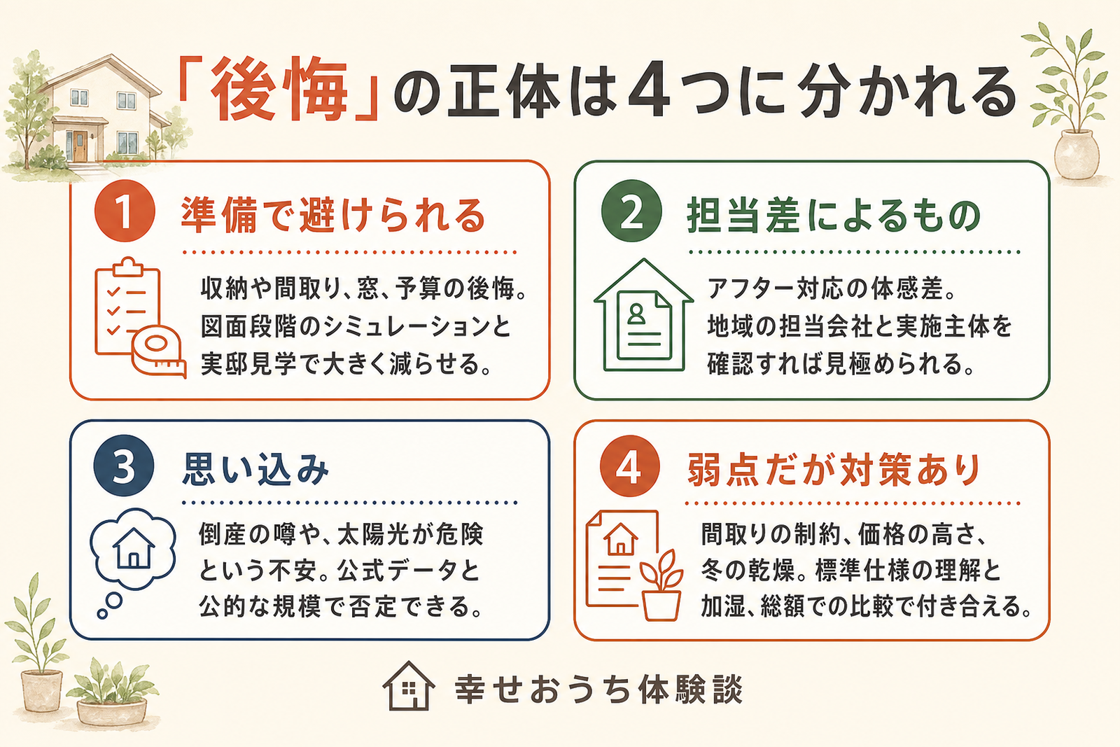 一条工務店の「後悔」を4つのタイプに分類した図。準備で避けられるもの、担当差によるもの、思い込み、弱点だが対策ありの4つに整理し、それぞれの具体例と対処の方向性をカード形式で示している。
