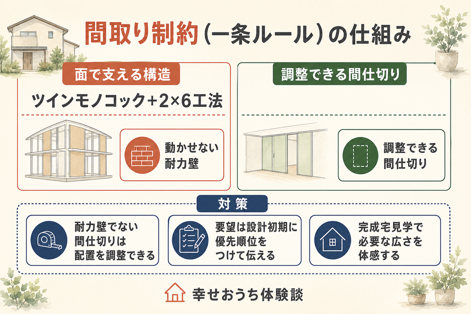 一条工務店の間取り制約、いわゆる一条ルールの仕組みを示した図。ツインモノコックと2×6工法で面を支える構造のため動かせない耐力壁があり、それ以外の間仕切りは配置を調整できることを、平面図と対策とともに図解している。