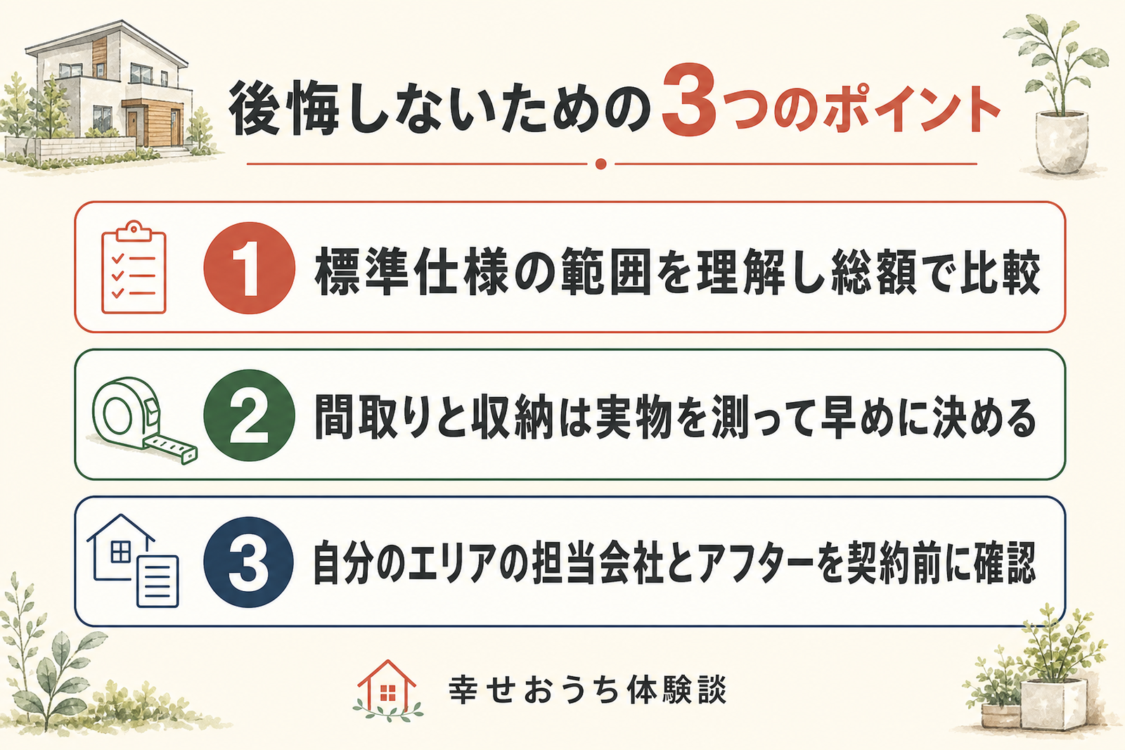 一条工務店で後悔しないための3つのポイントを順に示した図。標準仕様を理解して総額で比較する、間取りと収納は実物を測って早めに決める、地域の担当会社とアフターを契約前に確認する、という3つの行動を挙げている。