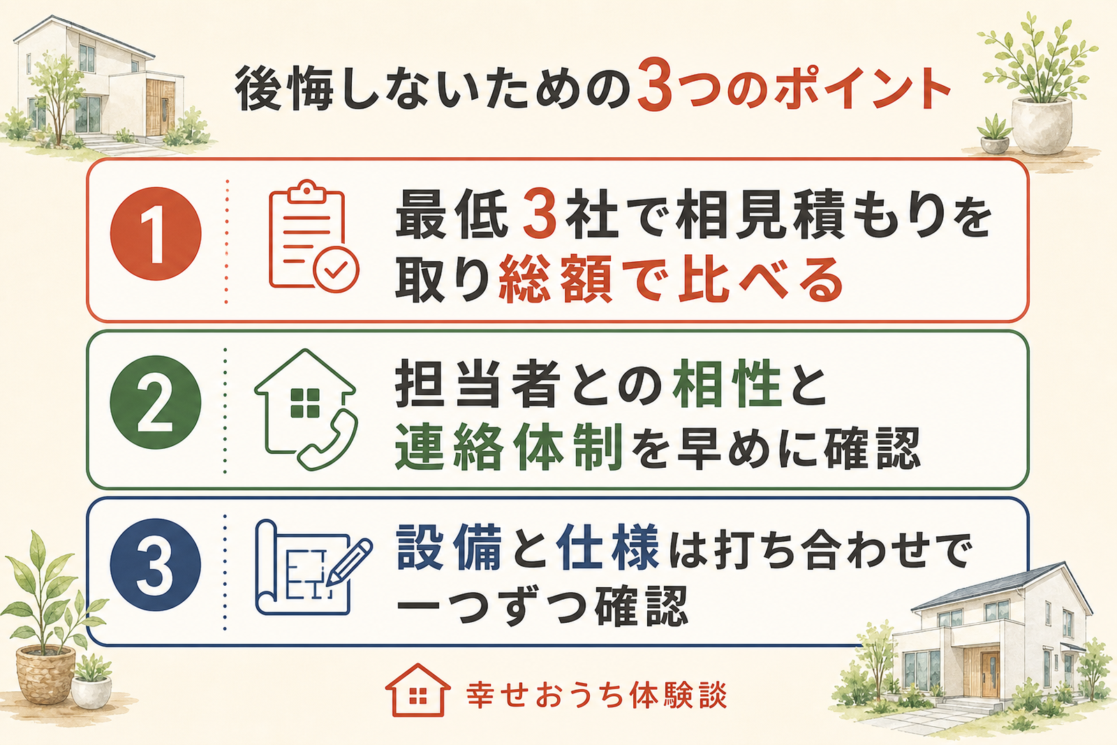 ライフデザインカバヤで後悔しないための3つのポイントを順に示した図。最低3社で相見積もりを取り総額で比べる、担当者との相性と連絡体制を早めに確認、設備と仕様は打ち合わせで一つずつ確認、という3つの行動を挙げている。
