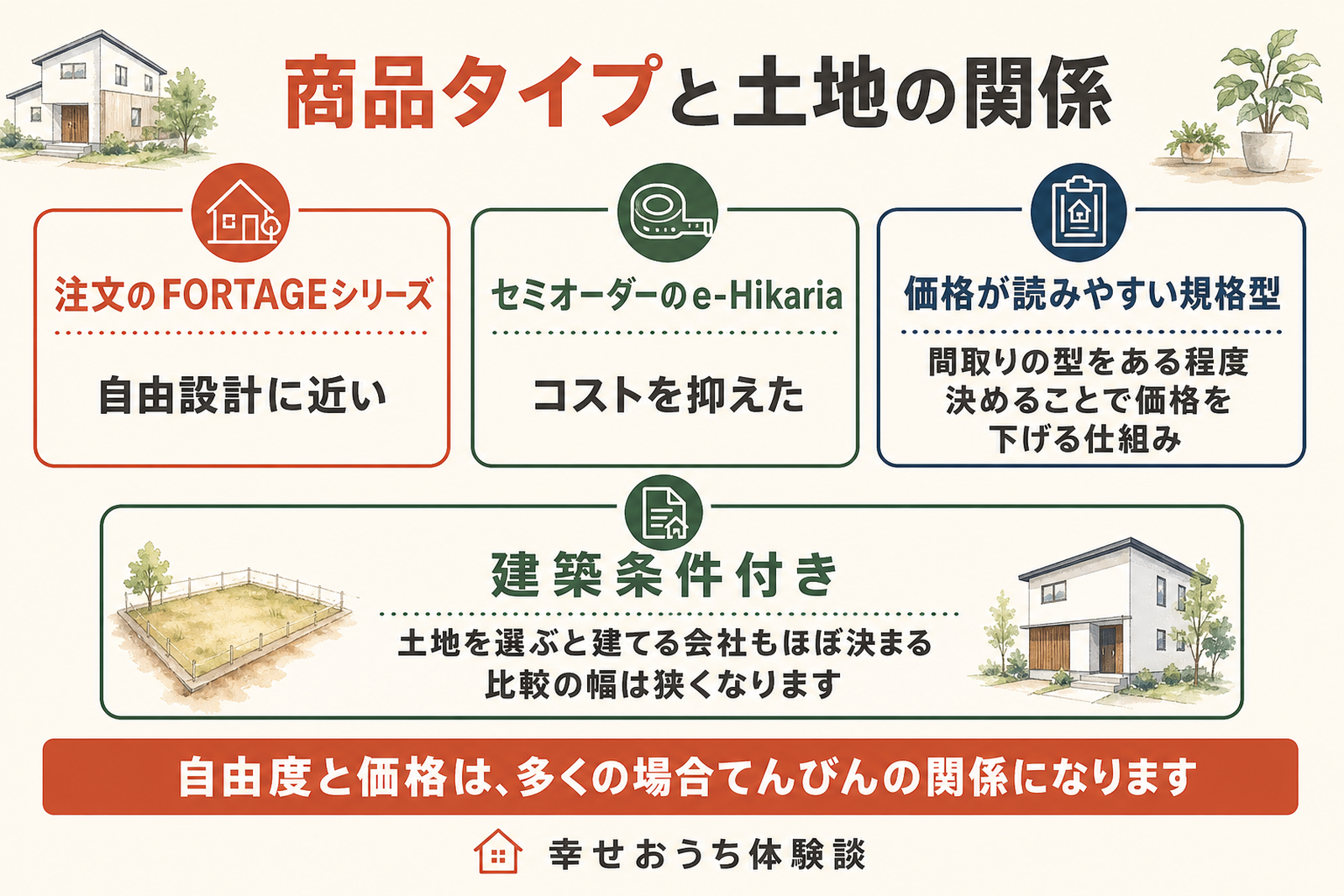 ロゴスホームの商品タイプと土地の関係を示した概念図。注文のFORTAGEシリーズ、セミオーダーのe-Hikaria、価格が読みやすい規格型、建築条件付きなどを整理し、記事の該当セクションの内容を一目で捉えられるようにしたもの。