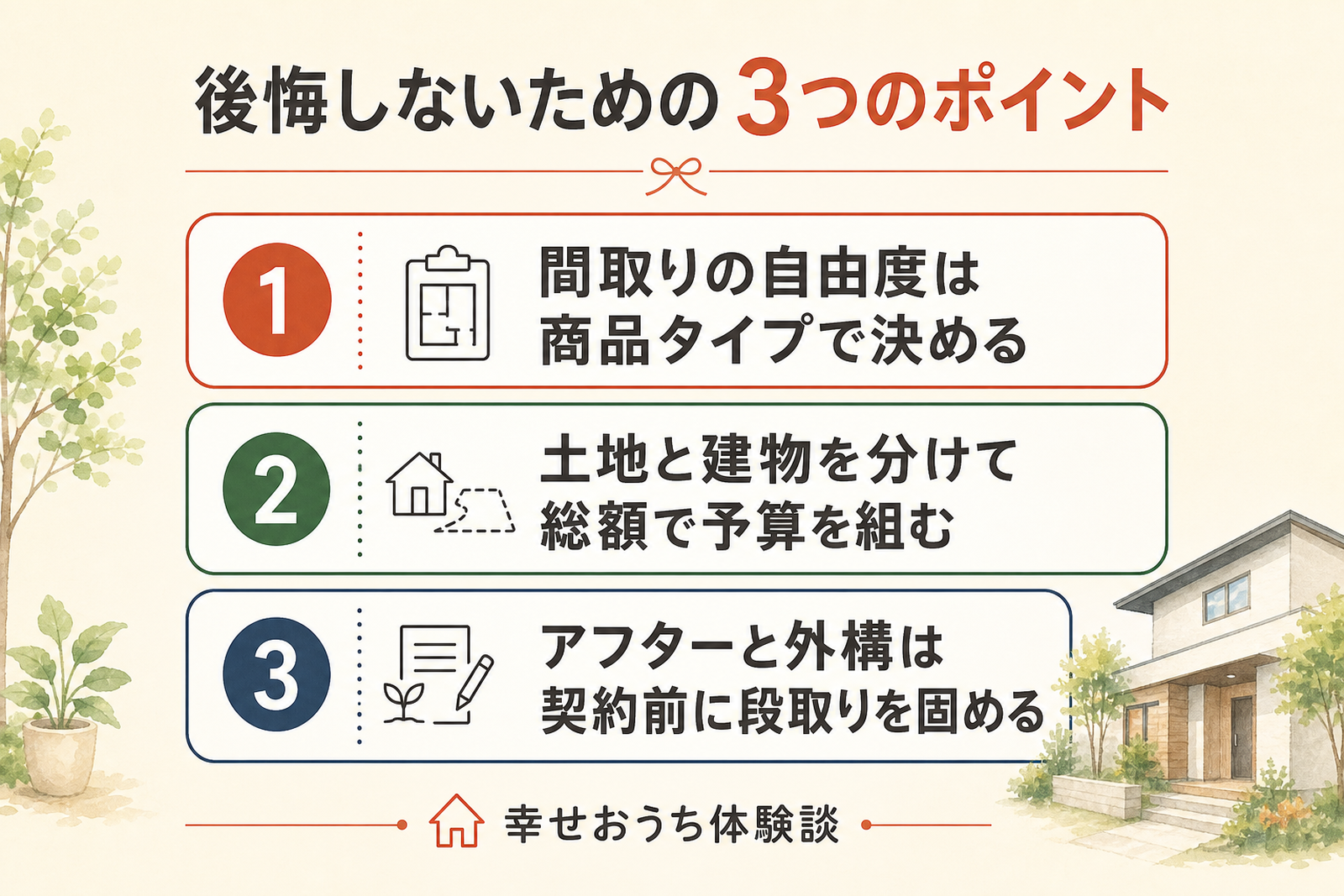ロゴスホームで後悔しないための3つのポイントを順に示した図。間取りの自由度は商品タイプで決める、土地と建物を分けて総額で予算を組む、アフターと外構は契約前に段取りを固める、という3つの行動を挙げている。