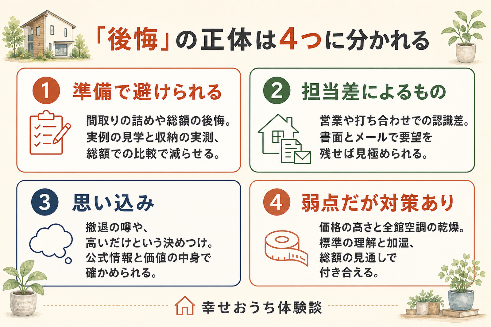 三井ホームの「後悔」を4つのタイプに分類した図。準備で避けられるもの、担当差によるもの、思い込み、弱点だが対策ありの4つに整理し、それぞれの具体例と対処の方向性をカード形式で示している。