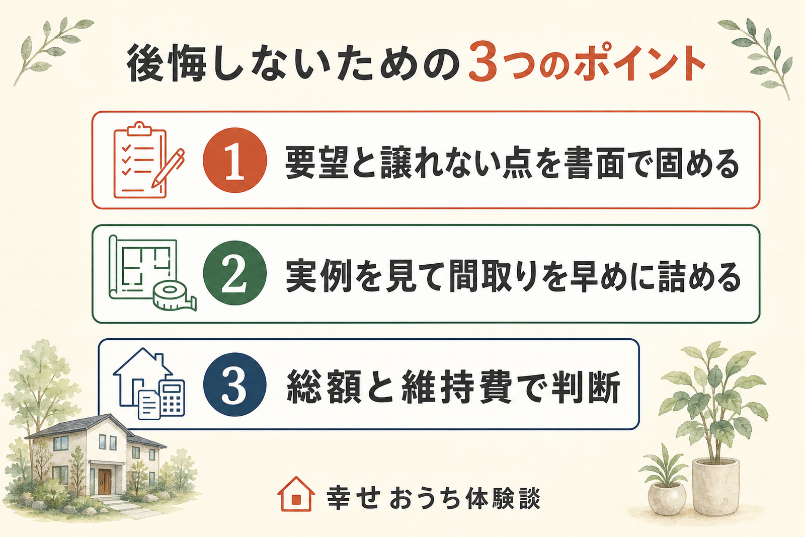 三井ホームで後悔しないための3つのポイントを順に示した図。要望と譲れない点を書面で固める、実例を見て間取りを早めに詰める、総額と維持費で判断、という3つの行動を挙げている。