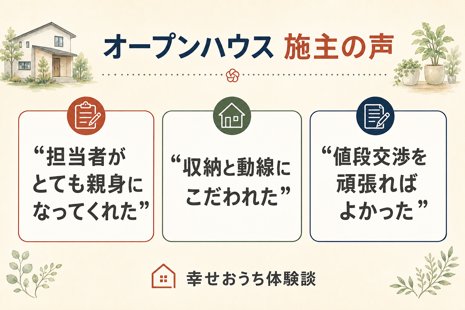オープンハウスで実際に家を建てた施主が独自アンケートに寄せた声を3つ引用したカード図。担当者がとても親身になってくれた、収納と動線にこだわれた、値段交渉を頑張ればよかった、という本文の言葉のままの声を示している。