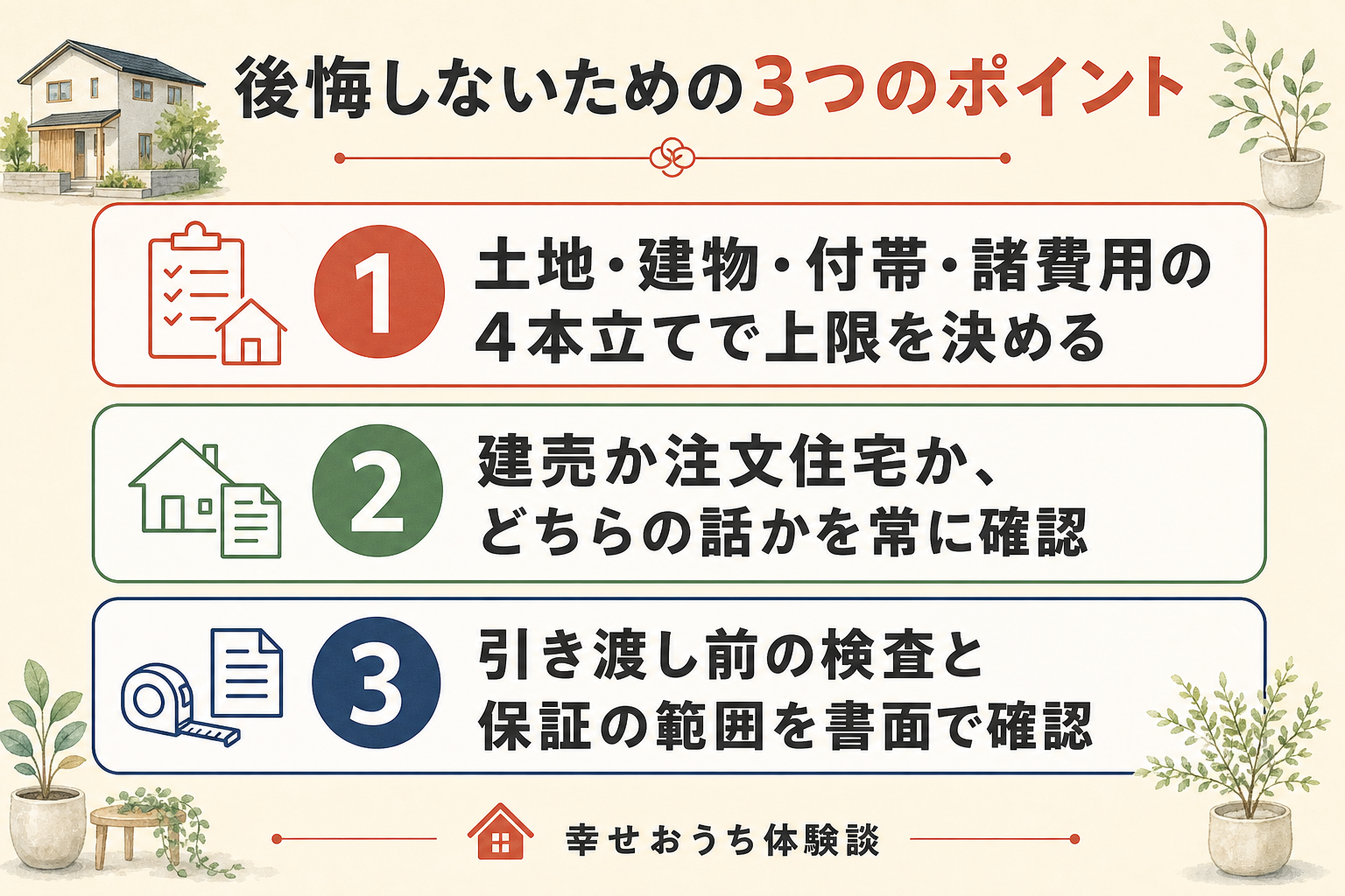 オープンハウスで後悔しないための3つのポイントを順に示した図。土地・建物・付帯・諸費用の4本立てで上限を決める、建売か注文住宅かを常に確認、引き渡し前の検査と保証の範囲を書面で確認、という3つの行動を挙げている。
