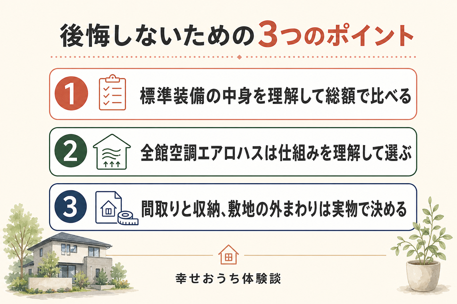 パナソニックホームズで後悔しないための3つのポイントを順に示した図。標準装備の中身を理解して総額で比べる、全館空調エアロハスは仕組みを理解して選ぶ、間取りと収納、敷地の外まわりは実物で決める、という3つの行動を挙げている。