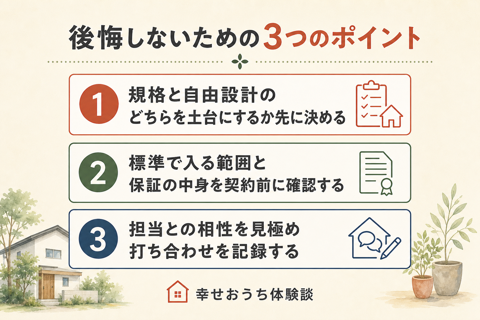 三昭堂で後悔しないための3つのポイントを順に示した図。規格と自由設計のどちらを土台にするか先に決める、標準で入る範囲と保証の中身を契約前に確認する、担当との相性を見極め打ち合わせを記録する、という3つの行動を挙げている。