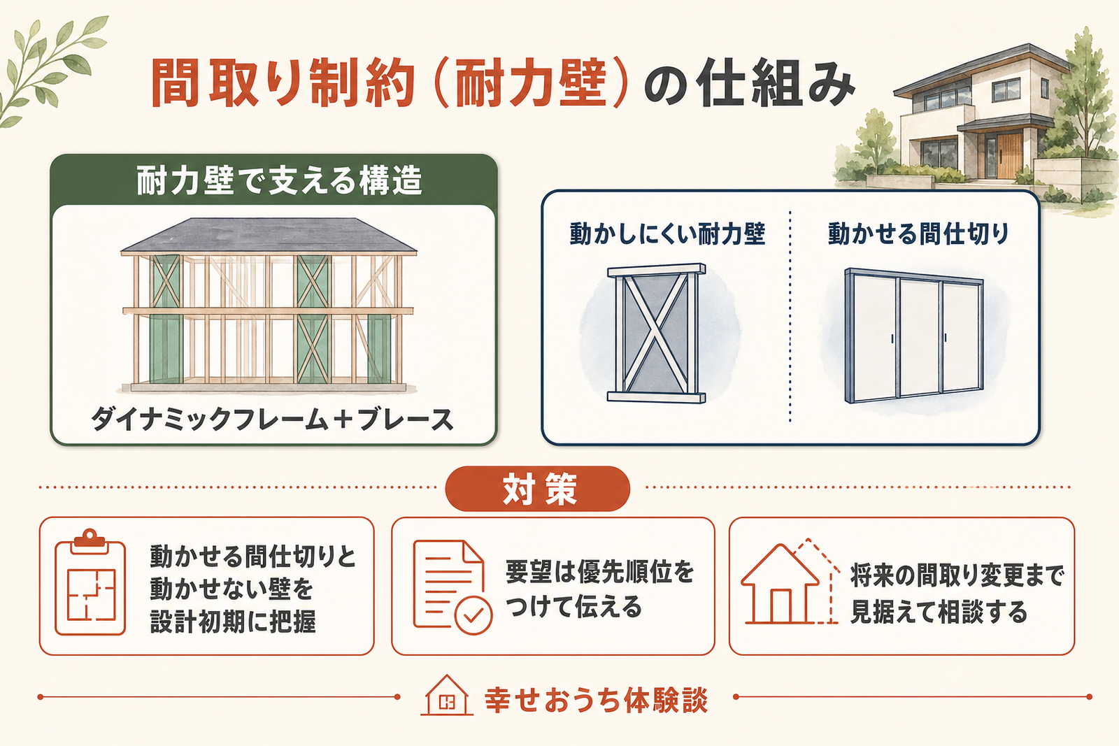 積水ハウスの間取り制約の仕組みを示した図。ダイナミックフレームとブレース入りの耐力壁で地震の力を受け止める構造のため動かしにくい壁があり、動かせる間仕切りと分けて把握できることを、平面図と対策とともに図解している。