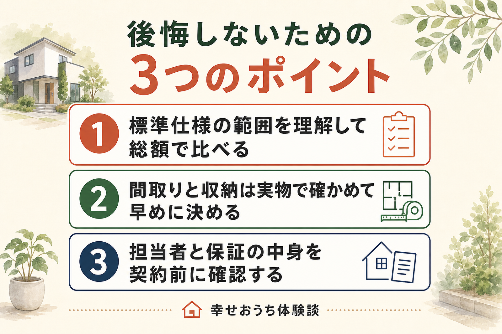 泉北ホームで後悔しないための3つの行動を順に示した図。契約前の確認と準備で対応できる実務的なポイントを3点にまとめている。