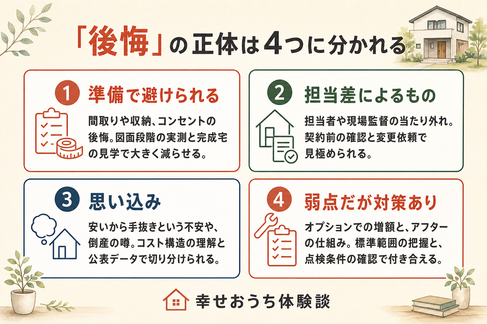タマホームの「後悔」を4つのタイプに分類した図。準備で避けられるもの、担当差によるもの、思い込み、弱点だが対策ありの4つに整理し、それぞれの具体例と対処の方向性をカード形式で示している。