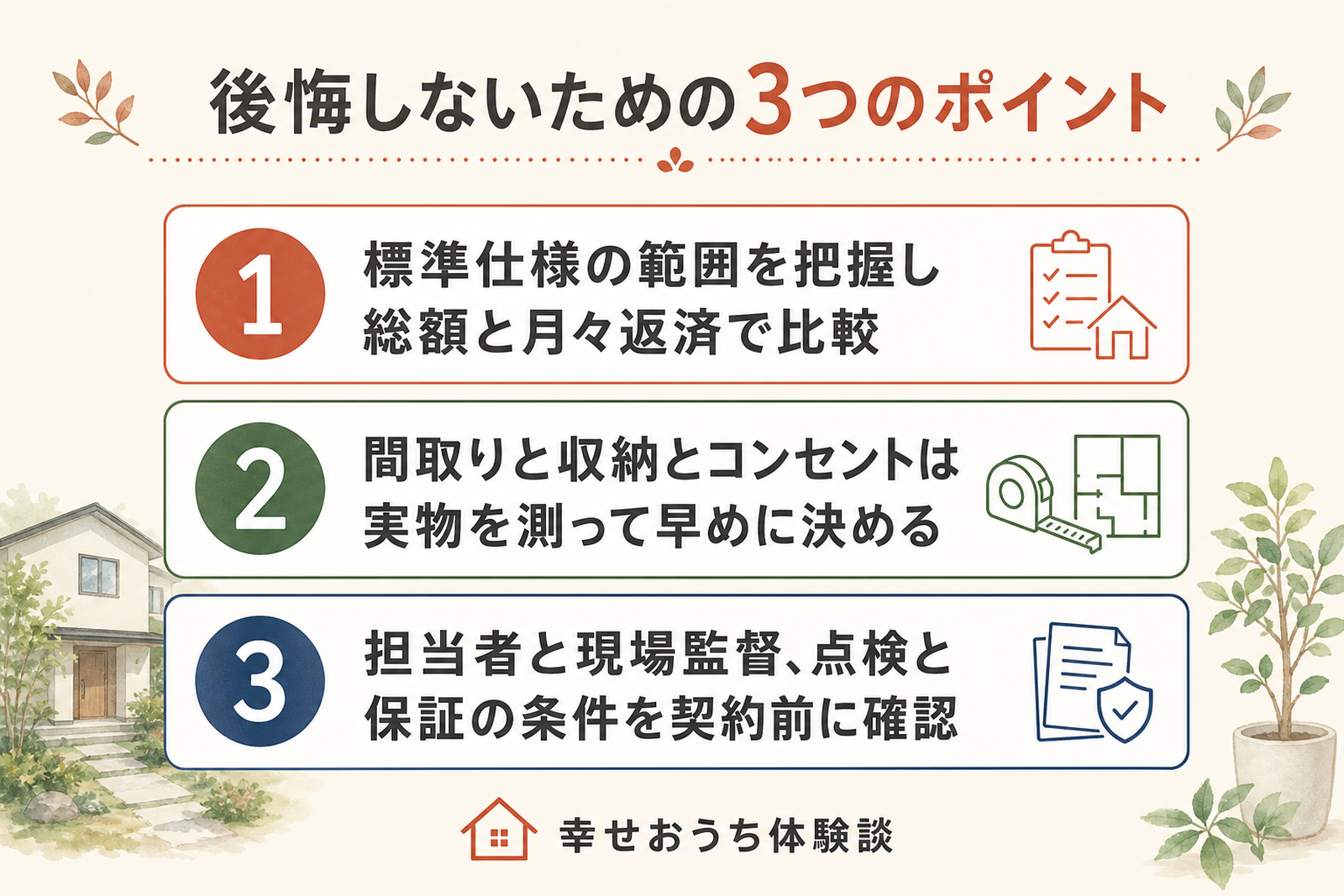 タマホームで後悔しないための3つのポイントを順に示した図。標準仕様の範囲を把握し総額と月々返済で比較、間取りと収納とコンセントは実物を測って早めに決める、担当者と現場監督、点検と保証の条件を契約前に確認、という3つの行動を挙げている。