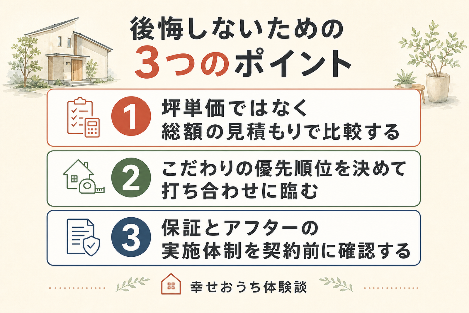 辰巳住宅で後悔しないための3つのポイントを順に示した図。坪単価ではなく総額の見積もりで比較する、こだわりの優先順位を決めて打ち合わせに臨む、保証とアフターの実施体制を契約前に確認する、という3つの行動を挙げている。