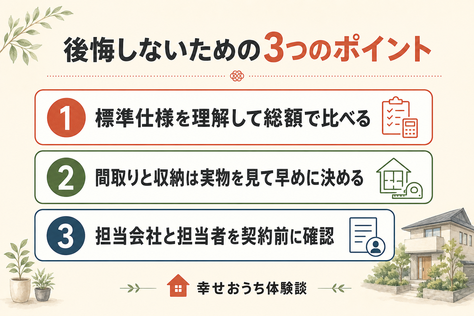 トヨタホームで後悔しないための3つのポイントを順に示した図。標準仕様を理解して総額で比べる、間取りと収納は実物を見て早めに決める、担当会社と担当者を契約前に確認、という3つの行動を挙げている。