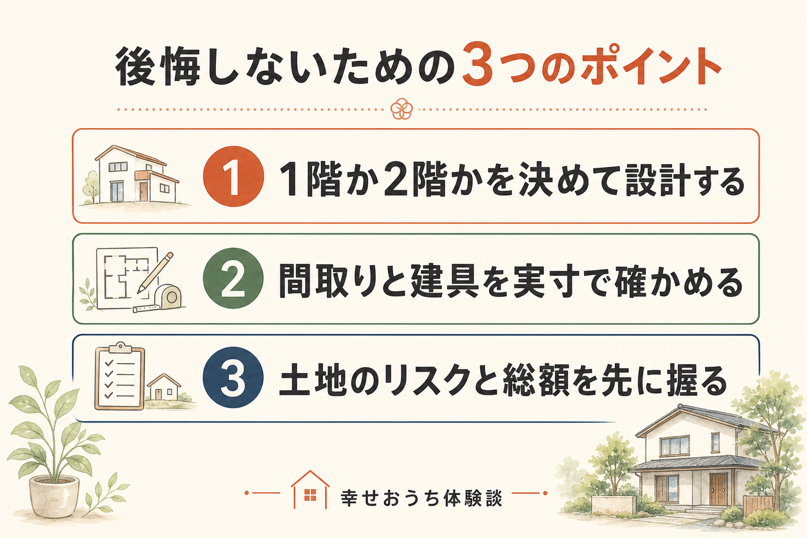 ユニバーサルホームで後悔しないための3つのポイントを順に示した図。1階か2階かを決めて設計する、間取りと建具を実寸で確かめる、土地のリスクと総額を先に握る、という3つの行動を挙げている。