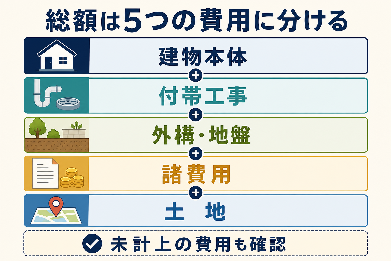 住宅の総額を建物本体、付帯工事、外構と地盤、諸費用、土地の五つに分けた図