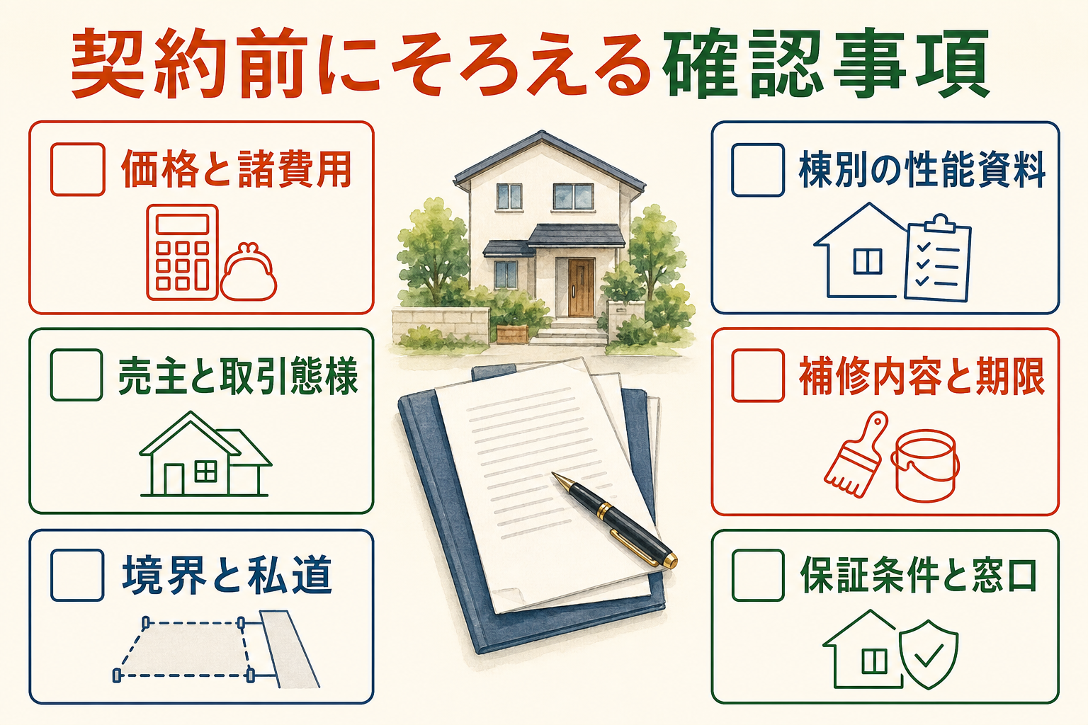 価格、取引態様、境界、性能資料、補修、保証の契約前チェック図