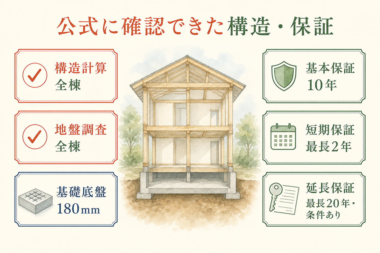 公式に確認できた構造計算、地盤調査、基礎と保証の項目を示した図
