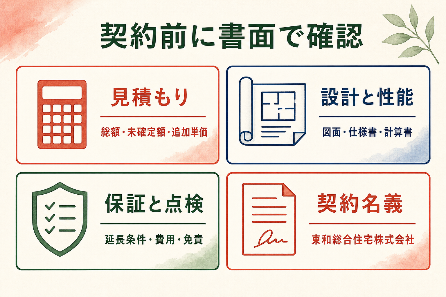 契約前に書面で確認する見積もり、設計と性能、保証と点検、東和総合住宅株式会社の契約名義