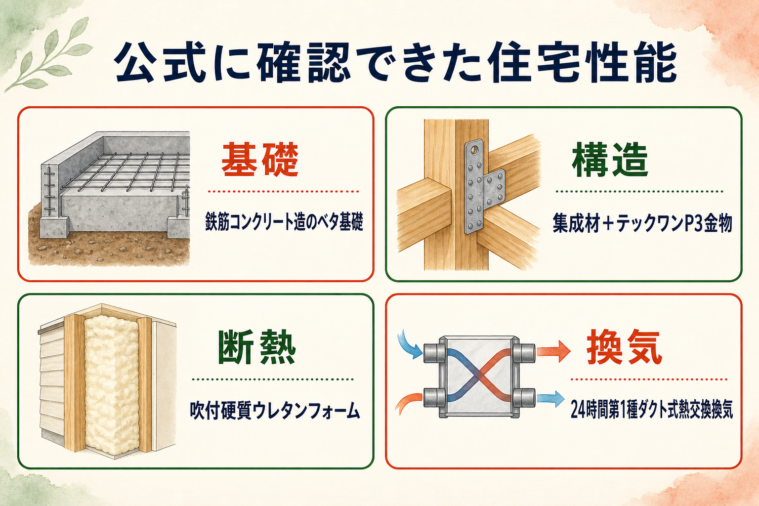 公式情報で確認できた基礎、構造、断熱、換気の主な仕様