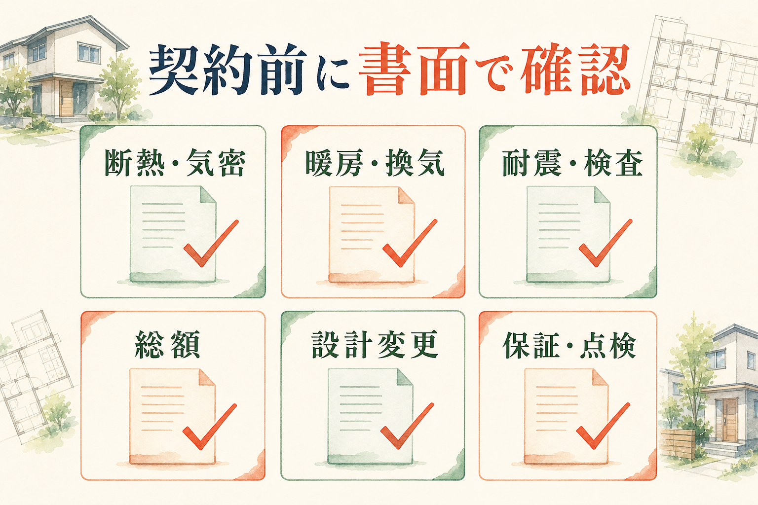 契約前に書面で確認する断熱・気密、暖房・換気、耐震・検査、総額、設計変更、保証・点検