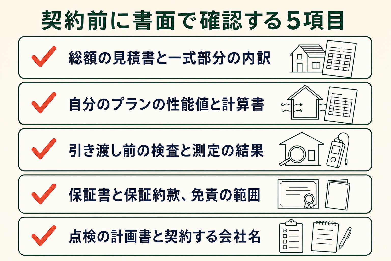 契約前に書面で確認する5項目の図。総額の見積書と一式部分の内訳／自分のプランの性能値と計算書／引き渡し前の検査と測定の結果／保証書と保証約款、免責の範囲／点検の計画書と契約する会社名。