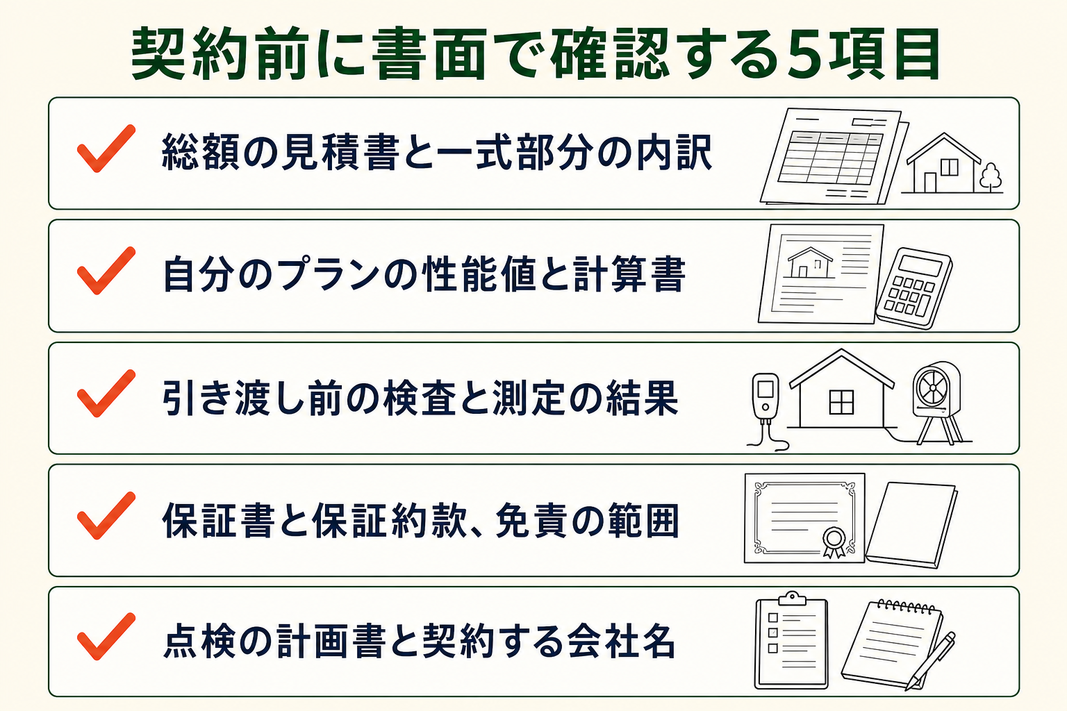 契約前に書面で確認する5項目の図。総額の見積書と一式部分の内訳／自分のプランの性能値と計算書／引き渡し前の検査と測定の結果／保証書と保証約款、免責の範囲／点検の計画書と契約する会社名。