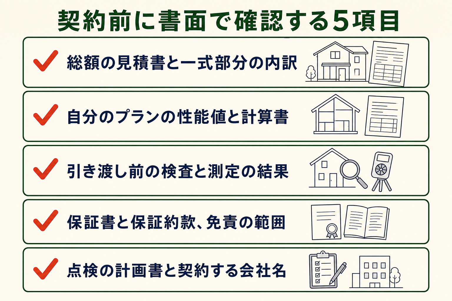 契約前に書面で確認する5項目の図。総額の見積書と一式部分の内訳／自分のプランの性能値と計算書／引き渡し前の検査と測定の結果／保証書と保証約款、免責の範囲／点検の計画書と契約する会社名。
