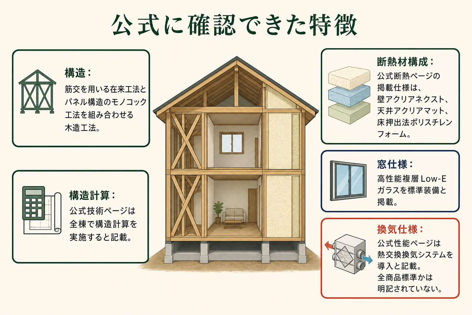 公式に確認できた特徴の図。構造＝筋交を用いる在来工法とパネル構造のモノコック工法を組み合わせる木造工法／構造計算＝公式技術ページは全棟で構造計算を実施すると記載／断熱材構成＝公式断熱ページの掲載仕様は、壁アクリアネクスト、天井アクリアマット、床押出法ポリスチレンフォーム／窓仕様＝高性能複層Low-Eガラスを標準装備と掲載／換気仕様＝公式性能ページは熱交換換気システムを導入と記載。全商品標準かは明記されていない。