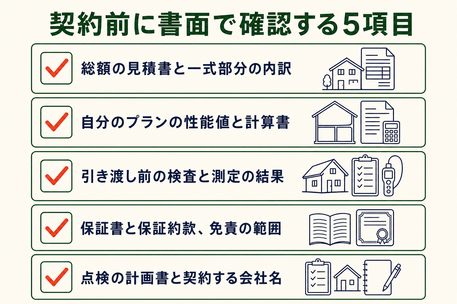 契約前に書面で確認する主な項目をまとめた図。本文と表の6点のうち、次の5行を図にしています。総額の見積書と一式部分の内訳／自分のプランの性能値と計算書／引き渡し前の検査と測定の結果／保証書と保証約款、免責の範囲／点検の計画書と契約する会社名。