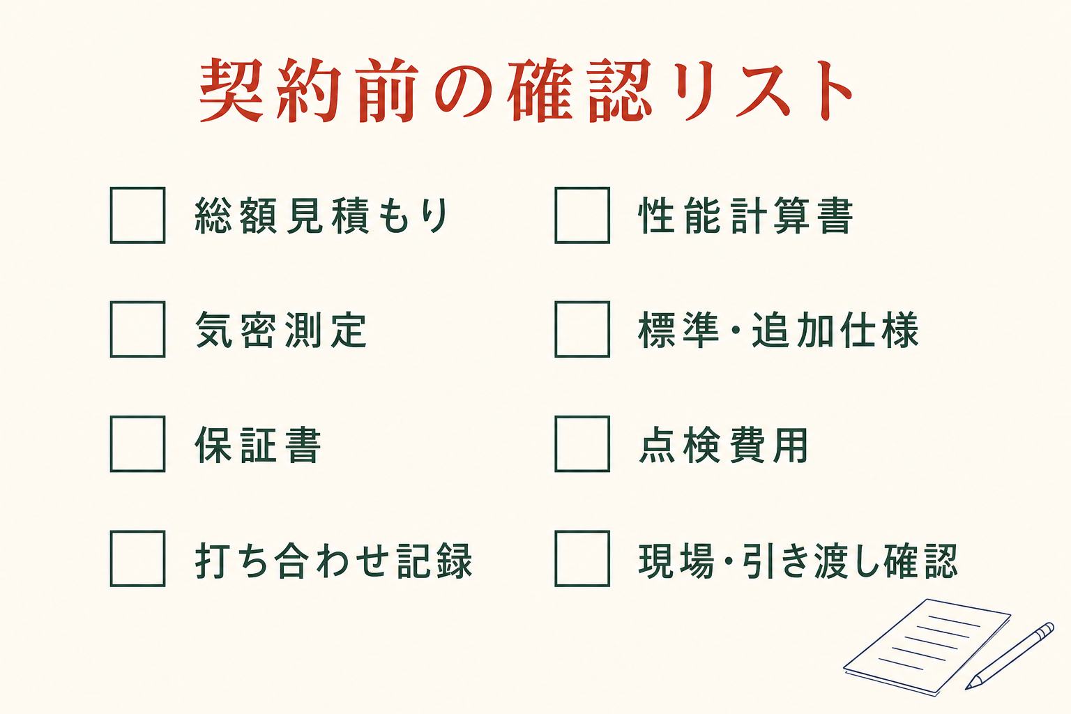 アーレックスとの契約前に確認する8項目。総額見積もり、性能計算書、気密測定、標準・追加仕様、保証書、点検費用、打ち合わせ記録、現場と引き渡し確認