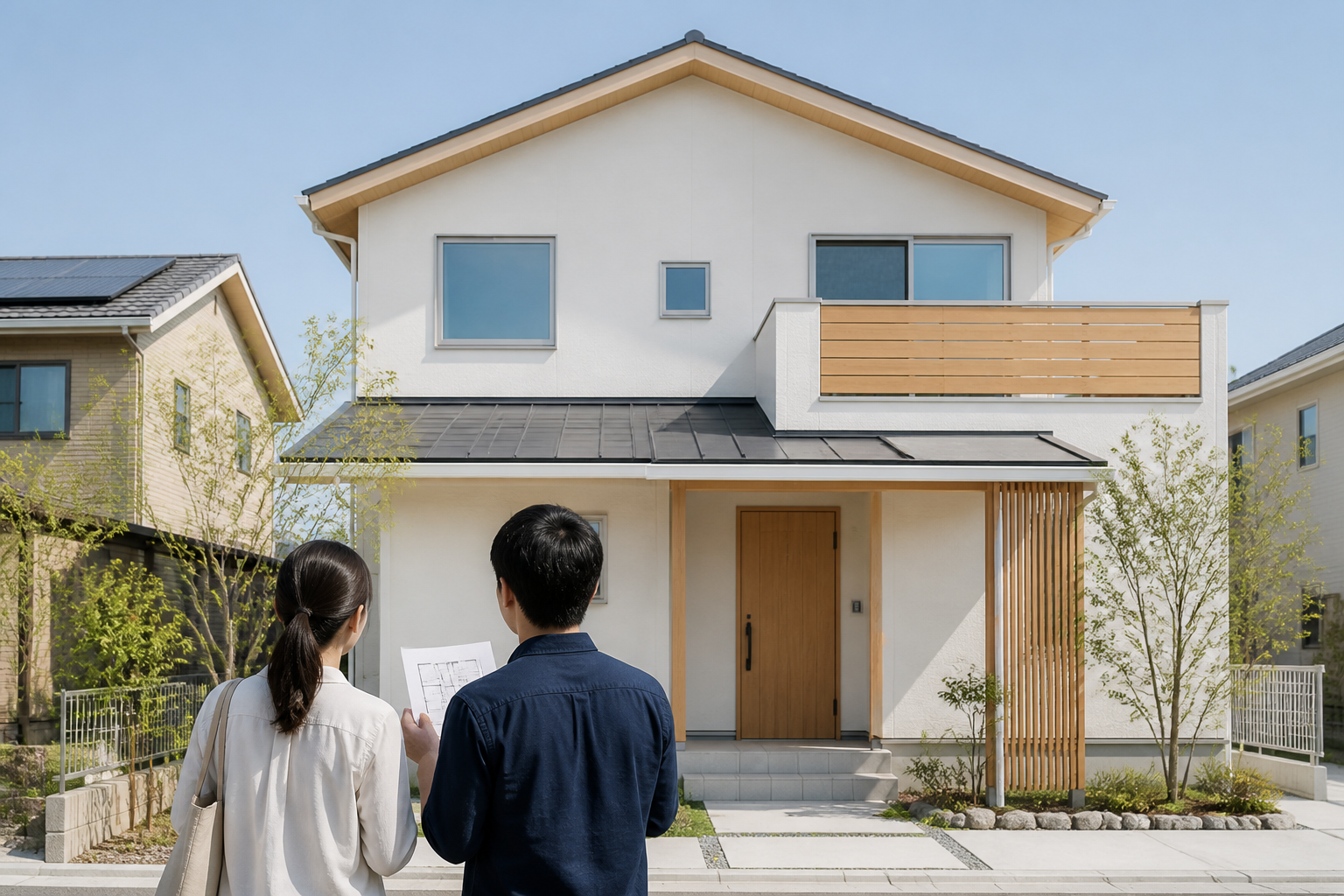 新築戸建ての前で図面を確認する夫婦
