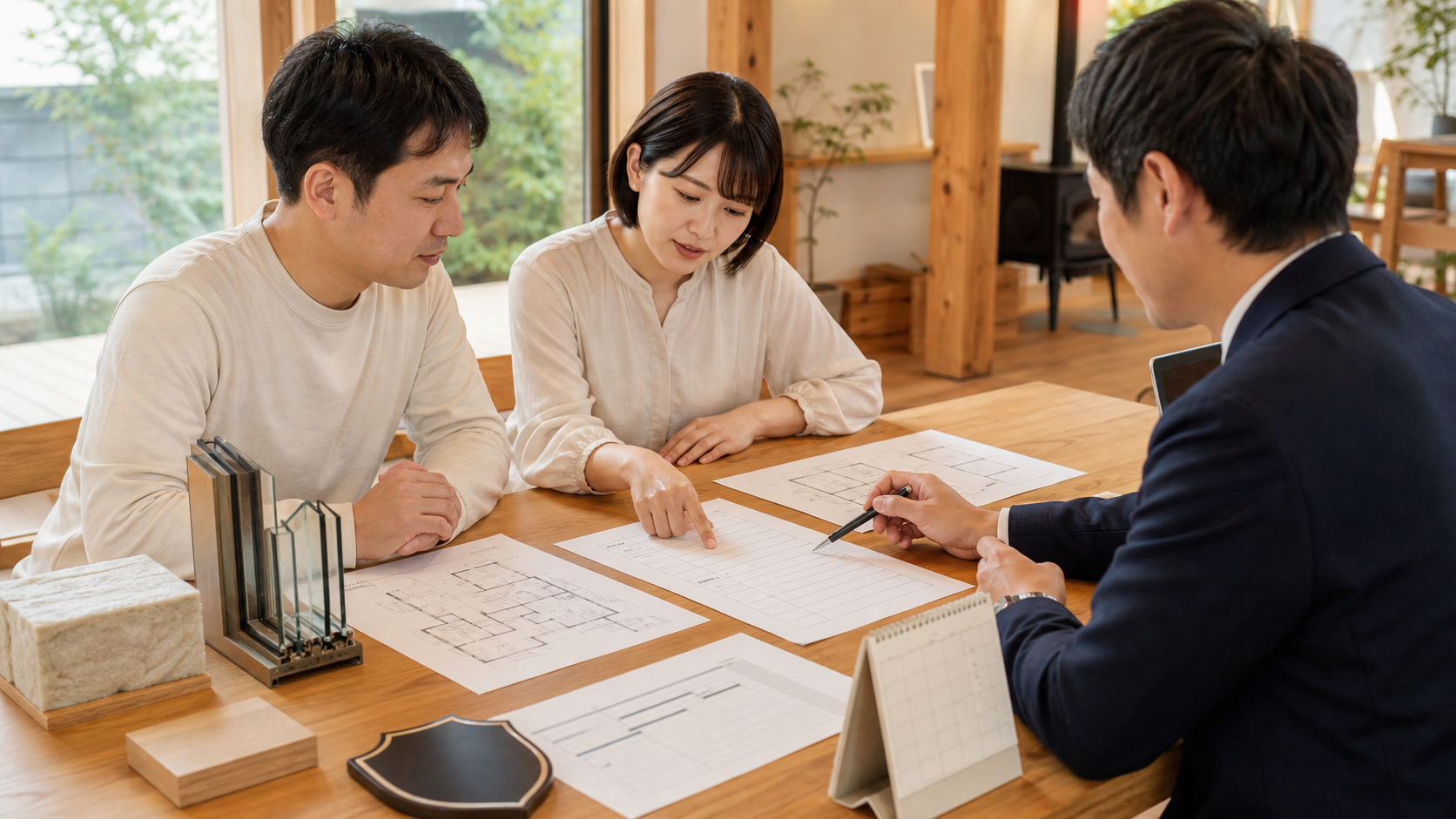 住宅の相談者と担当者が、間取り図、見積書、窓と断熱材の見本、保証書、点検予定表を机上で照らし合わせている様子