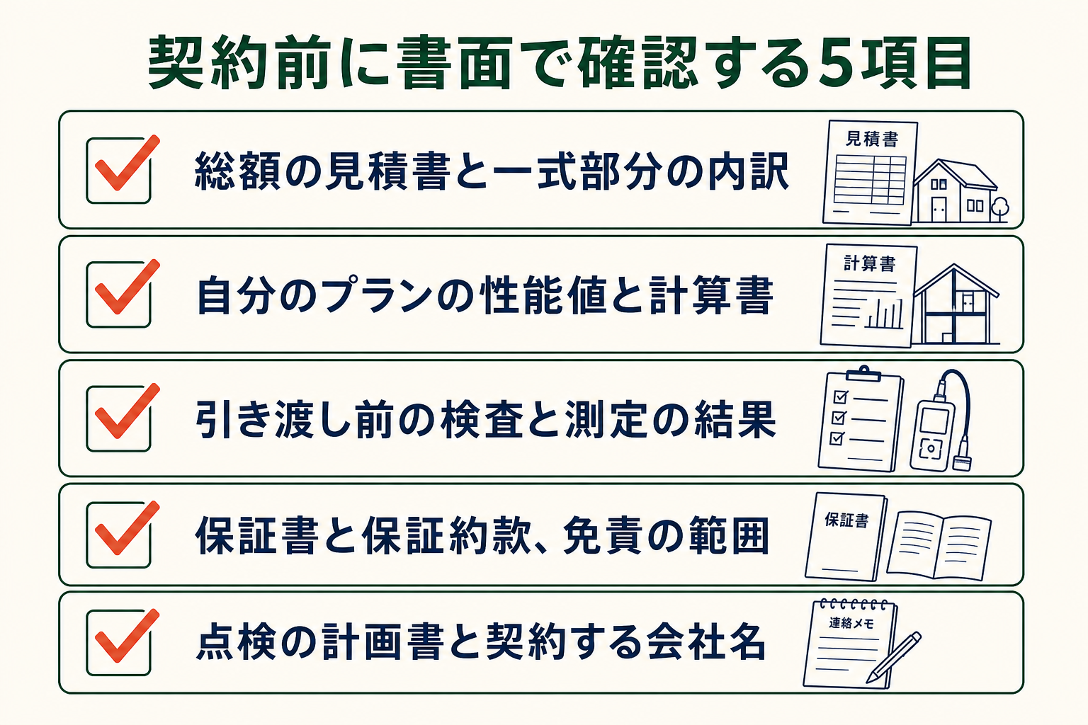 契約前に書面で確認する6項目。契約書の会社名と許認可の表示、土地代まで含めた総額の見積書と一式の内訳、候補プランのUA値の計算書と気密の実測値、耐震等級の取り方と構造計算の方式、保証書と点検の年次表、引き渡し前の検査項目と不具合時の窓口
