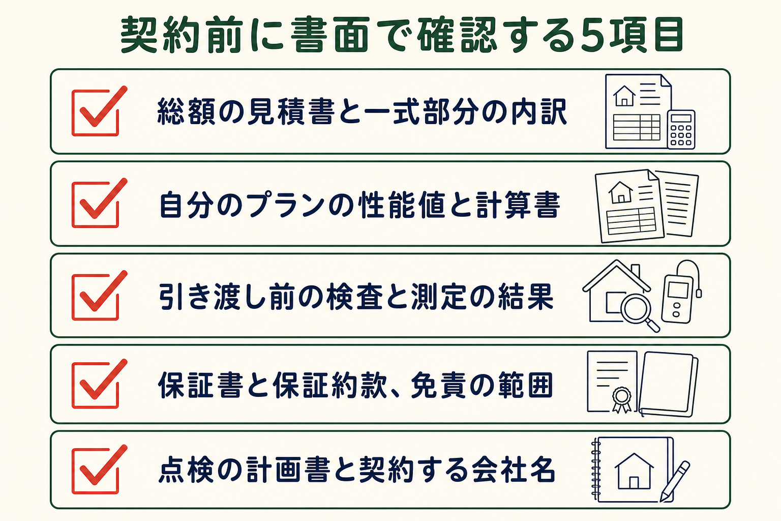 契約前に書面で確認する5項目の図。総額の見積書と一式部分の内訳／自分のプランの性能値と計算書／引き渡し前の検査と測定の結果／保証書と保証約款、免責の範囲／点検の計画書と契約する会社名。
