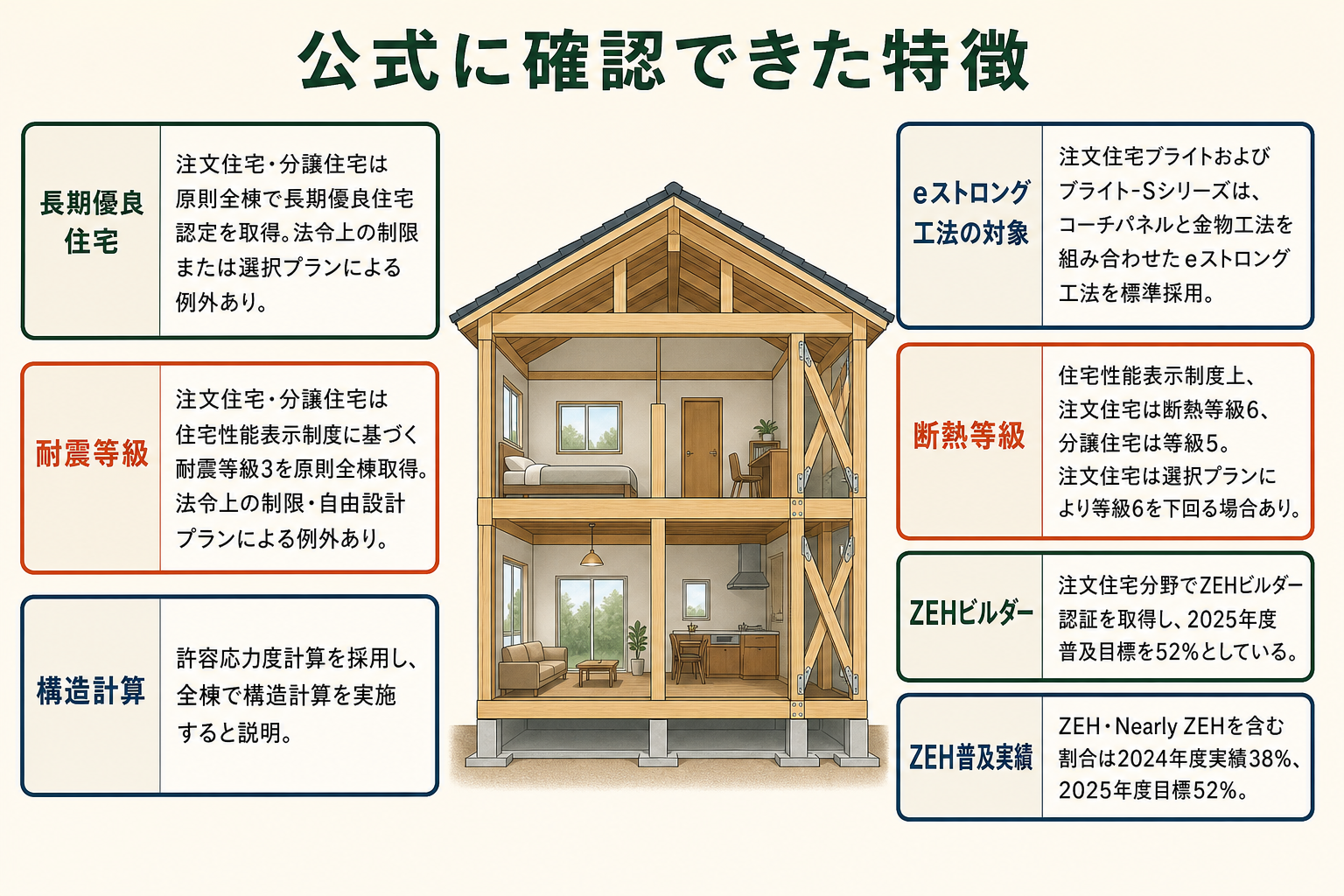 公式に確認できた特徴の図。長期優良住宅＝注文住宅・分譲住宅は原則全棟で長期優良住宅認定を取得。法令上の制限または選択プランによる例外あり／耐震等級＝注文住宅・分譲住宅は住宅性能表示制度に基づく耐震等級3を原則全棟取得。法令上の制限・自由設計プランによる例外あり／構造計算＝許容応力度計算を採用し、全棟で構造計算を実施すると説明／eストロング工法の対象＝注文住宅ブライトおよびブライト-Sシリーズは、コーチパネルと金物工法を組み合わせたeストロング工法を標準採用／断熱等級＝住宅性能表示制度上、注文住宅は断熱等級6、分譲住宅は等級5。注文住宅は選択プランにより等級6を下回る場合あり／ZEHビルダー＝注文住宅分野でZEHビルダー認証を取得し、2025年度普及目標を52%としている／ZEH普及実績＝ZEH・Nearly ZEHを含む割合は2024年度実績38%、2025年度目標52%。