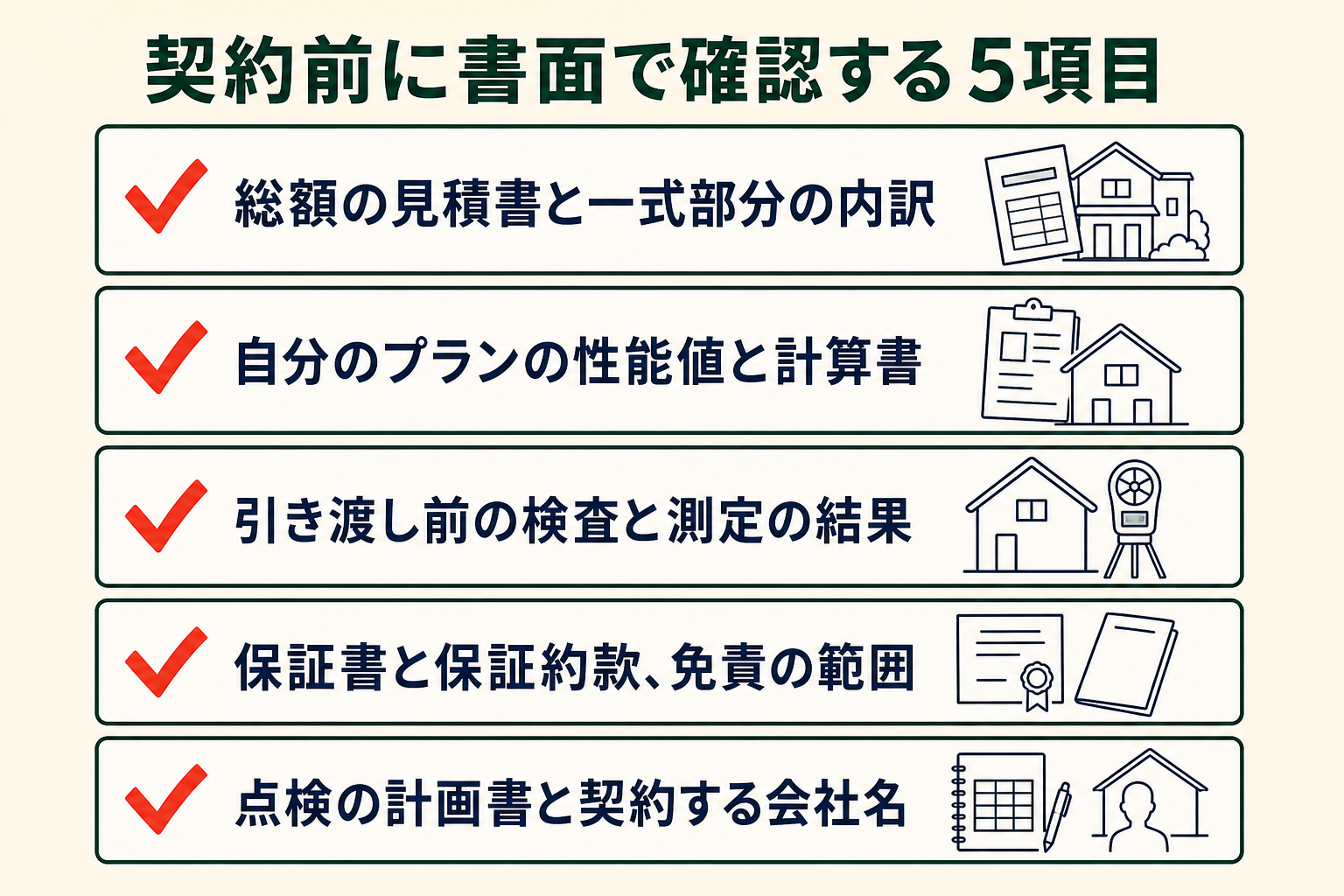 契約前に書面で確認する5項目の図。総額の見積書と一式部分の内訳／自分のプランの性能値と計算書／引き渡し前の検査と測定の結果／保証書と保証約款、免責の範囲／点検の計画書と契約する会社名。