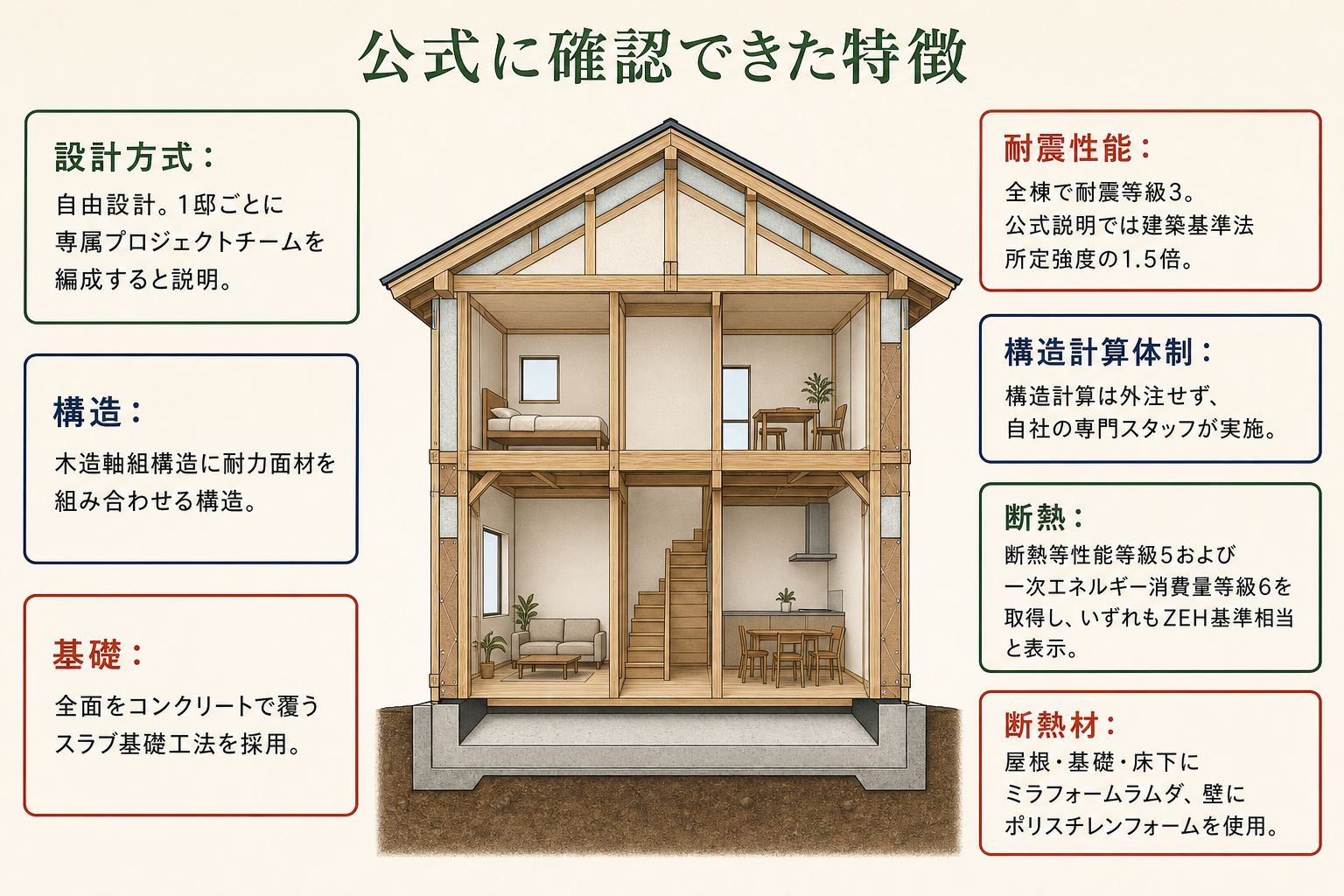 公式に確認できた特徴の図。設計方式＝自由設計。1邸ごとに専属プロジェクトチームを編成すると説明／構造＝木造軸組構造に耐力面材を組み合わせる構造／基礎＝全面をコンクリートで覆うスラブ基礎工法を採用／耐震性能＝全棟で耐震等級3。公式説明では建築基準法所定強度の1.5倍／構造計算体制＝構造計算は外注せず、自社の専門スタッフが実施／断熱＝断熱等性能等級5および一次エネルギー消費量等級6を取得し、いずれもZEH基準相当と表示／断熱材＝屋根・基礎・床下にミラフォームラムダ、壁にポリスチレンフォームを使用。