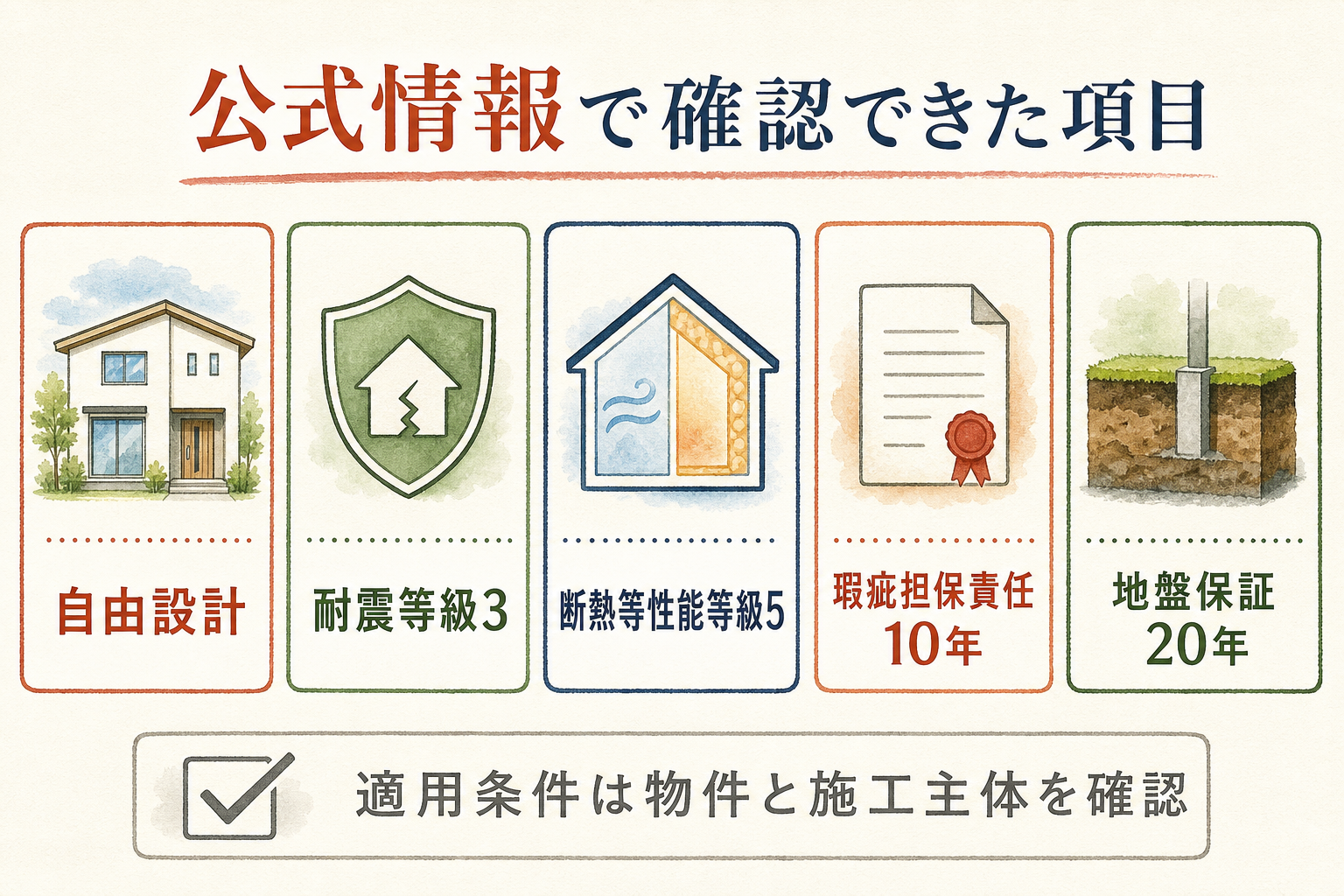 富士ハウジング施工住宅の公式情報で確認できた性能と保証を示した図