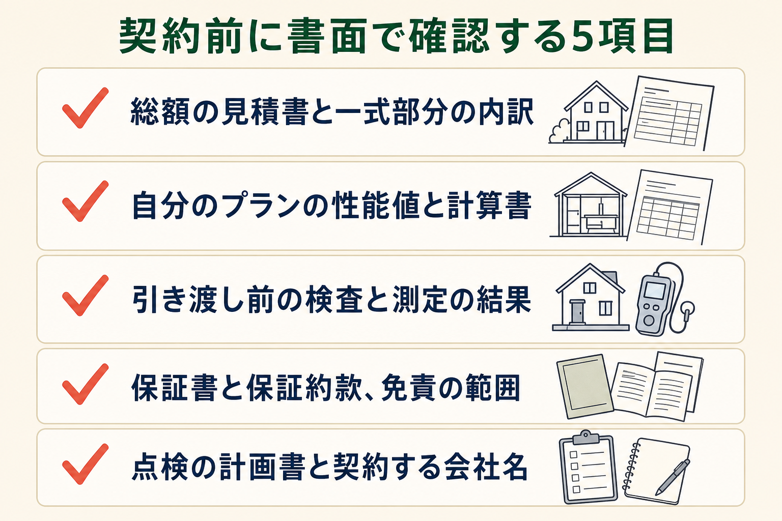 契約前に書面で確認する5項目の図。総額の見積書と一式部分の内訳／自分のプランの性能値と計算書／引き渡し前の検査と測定の結果／保証書と保証約款、免責の範囲／点検の計画書と契約する会社名。