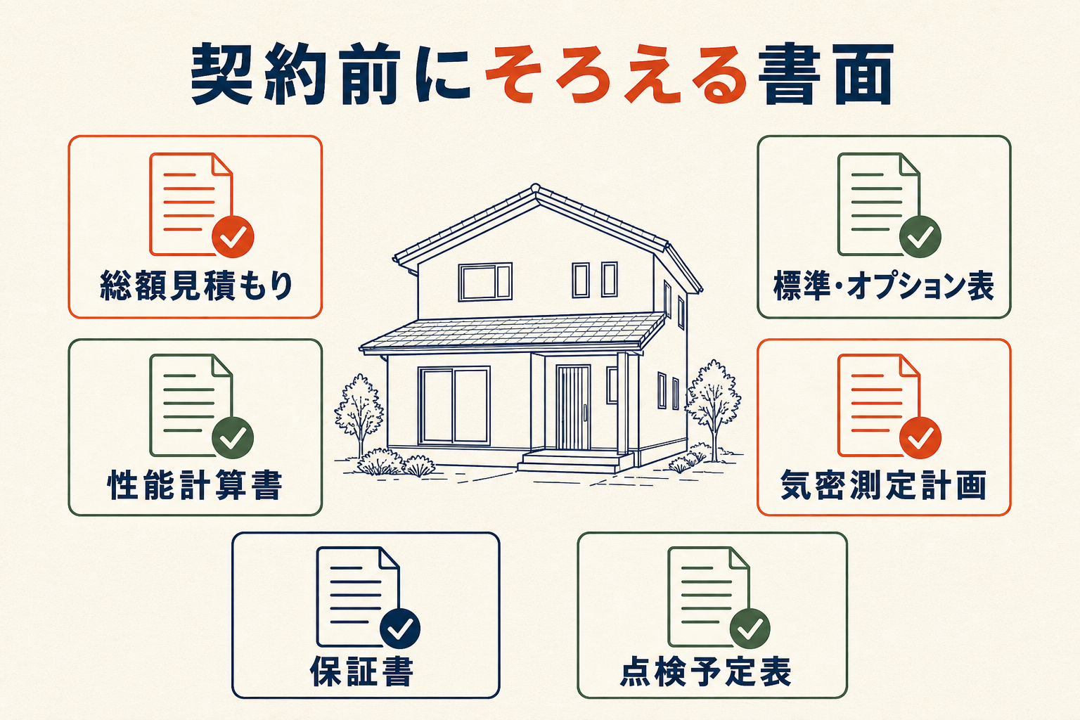 グランレブリーとの契約前に確認する総額見積もり、仕様書、性能計算書、測定計画、保証書、点検表を示す図