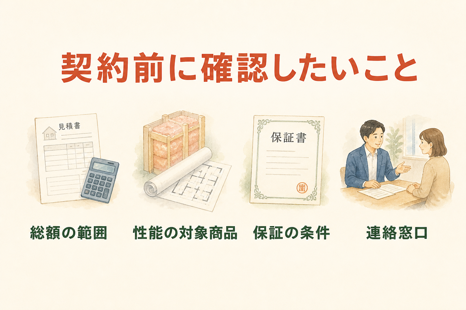 住宅契約前に確認したい見積もり、性能、打ち合わせ、保証の図