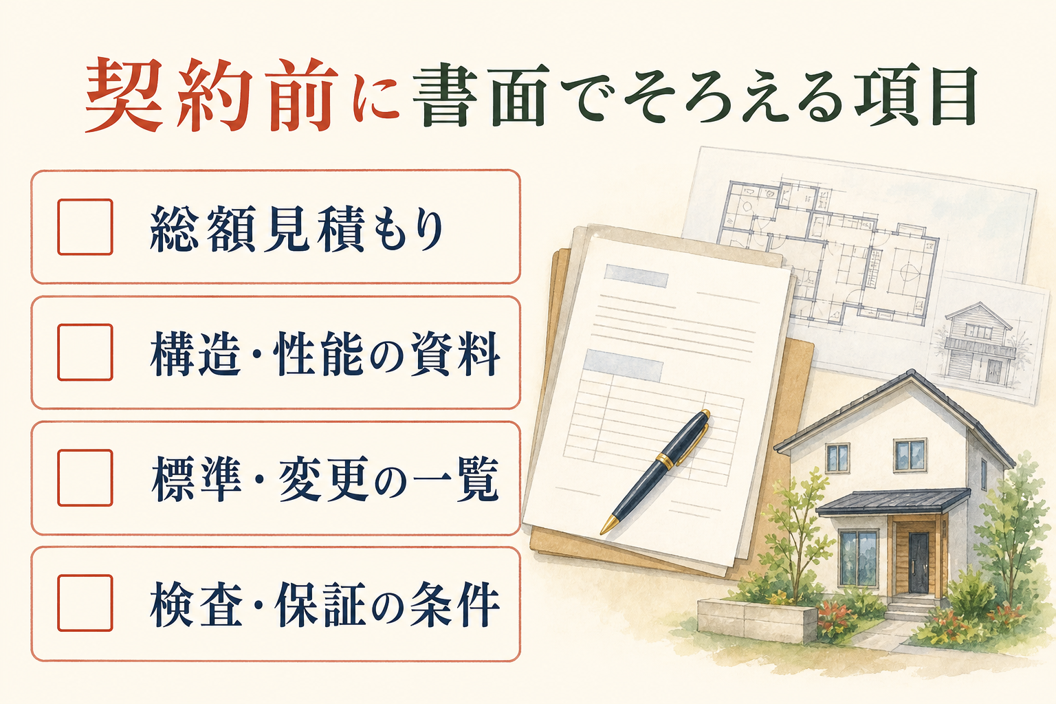 総額見積もり、性能資料、標準仕様、検査と保証の確認項目