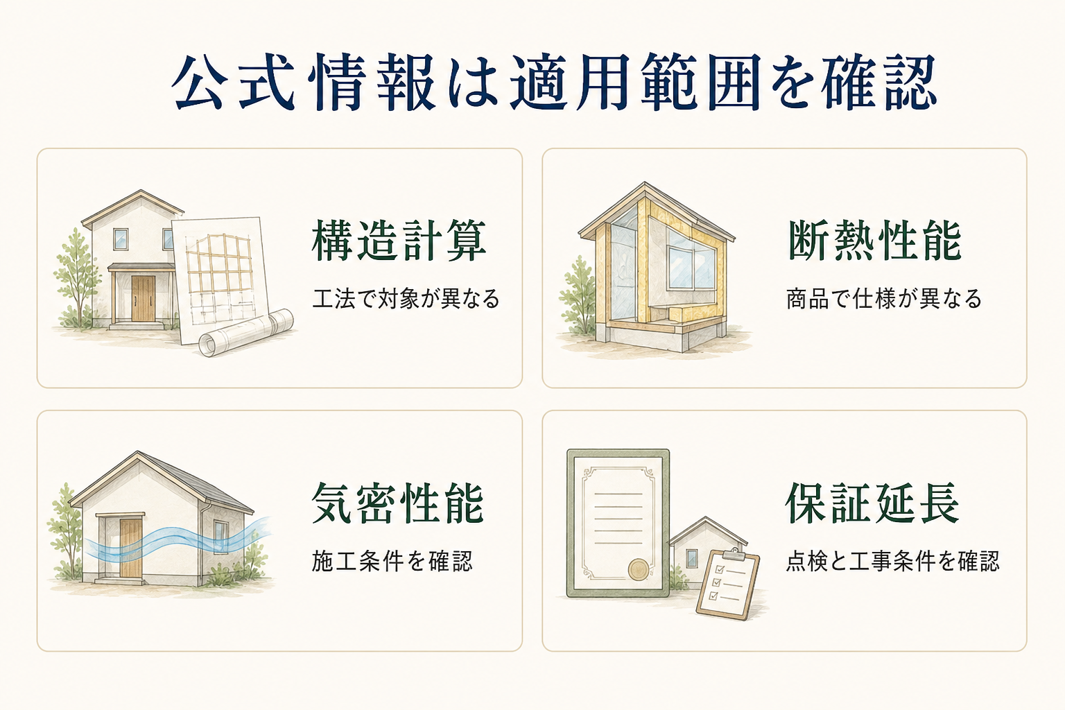 構造計算、断熱性能、気密性能、保証延長の適用範囲を確認する図