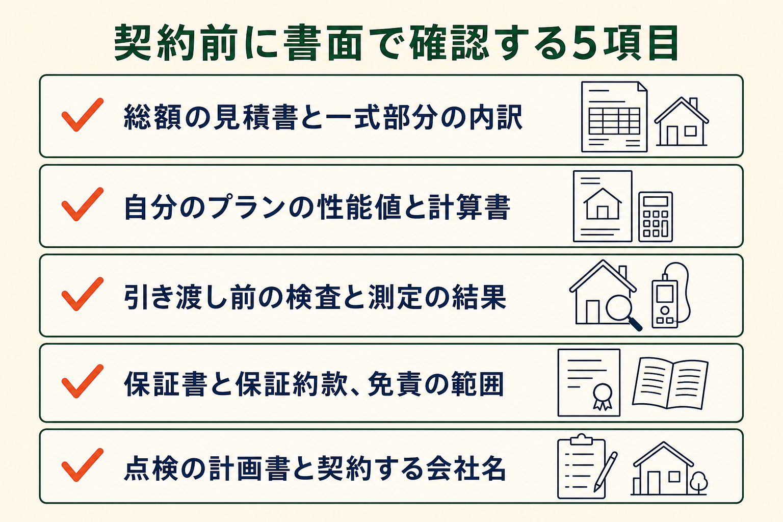 契約前に書面で確認する5項目の図。総額の見積書と一式部分の内訳／自分のプランの性能値と計算書／引き渡し前の検査と測定の結果／保証書と保証約款、免責の範囲／点検の計画書と契約する会社名。