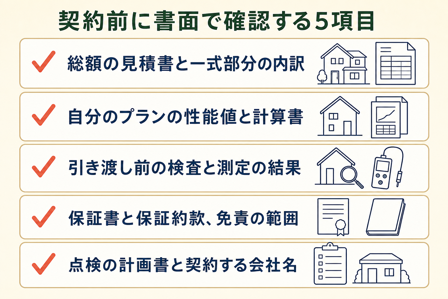 契約前に書面で確認する5項目の図。総額の見積書と一式部分の内訳／自分のプランの性能値と計算書／引き渡し前の検査と測定の結果／保証書と保証約款、免責の範囲／点検の計画書と契約する会社名。