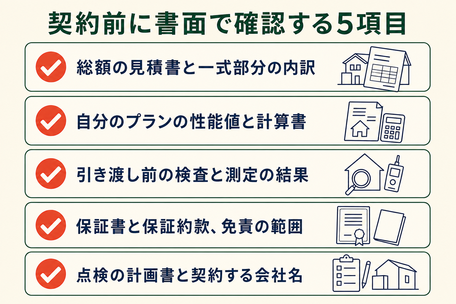 契約前に書面で確認する5項目の図。総額の見積書と一式部分の内訳／自分のプランの性能値と計算書／引き渡し前の検査と測定の結果／保証書と保証約款、免責の範囲／点検の計画書と契約する会社名。